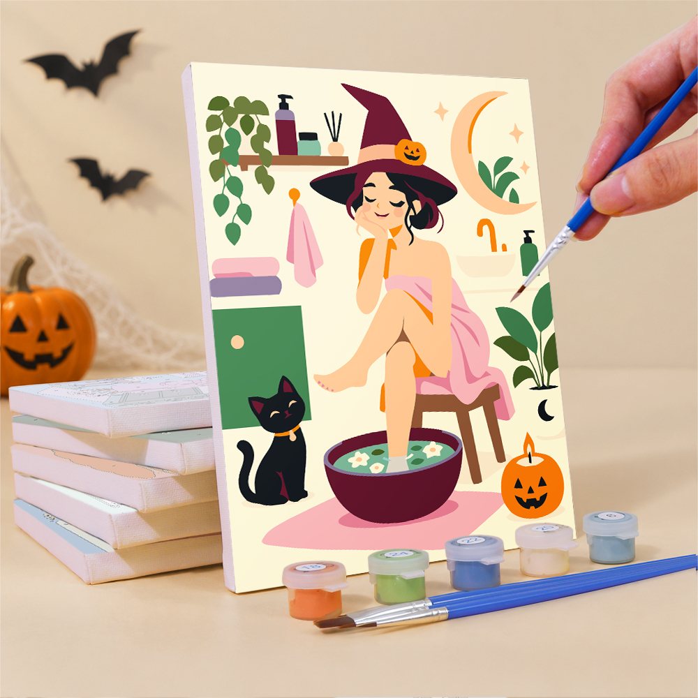 What's included pre-stretched on frame: six framed Spooky Spa Day mini canvases, paints, three brushes, hangers and layout