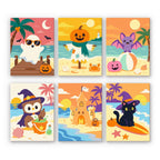 Spooky Summer Beach mini paint by numbers set: six sunny Halloween beach scenes with a ghost, scarecrow, bat, owl witch, haunted sandcastle and surfing cat