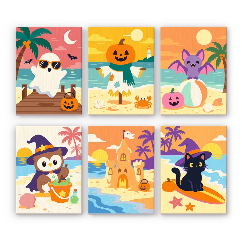 Spooky Summer Beach mini paint by numbers set: six sunny Halloween beach scenes with a ghost, scarecrow, bat, owl witch, haunted sandcastle and surfing cat