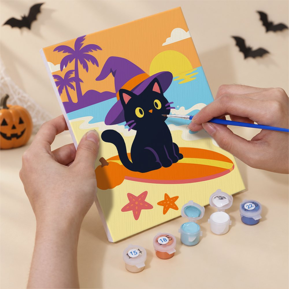 Numbered paint pots and brushes on a pre-stretched Spooky Summer Beach mini canvas