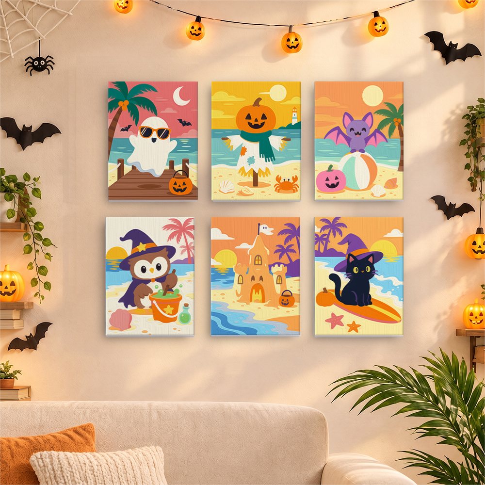 Before and after of a Spooky Summer Beach mini paint by numbers canvas