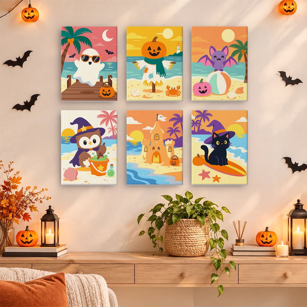 Painting a Spooky Summer Beach mini canvas propped up beside numbered acrylic paints