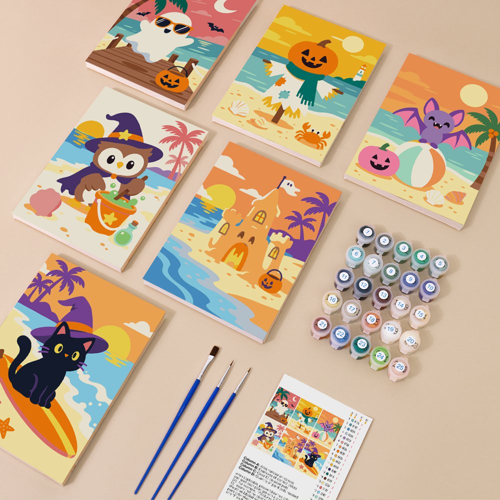 Painting one of the Spooky Summer Beach designs next to a stack of mini canvases