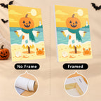 Six finished Spooky Summer Beach mini paintings hung on a wall above a table