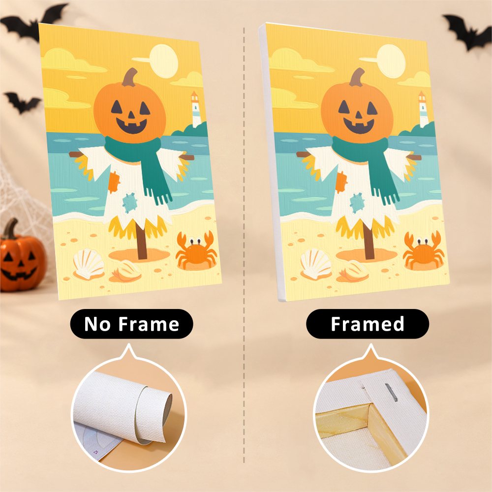 Six finished Spooky Summer Beach mini paintings hung on a wall above a table