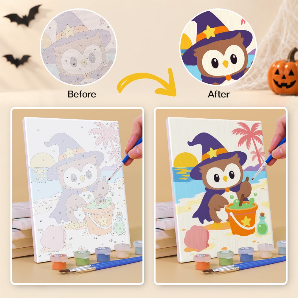 What's included without a frame: six rolled Spooky Summer Beach mini canvases, acrylic paints, three brushes and layout