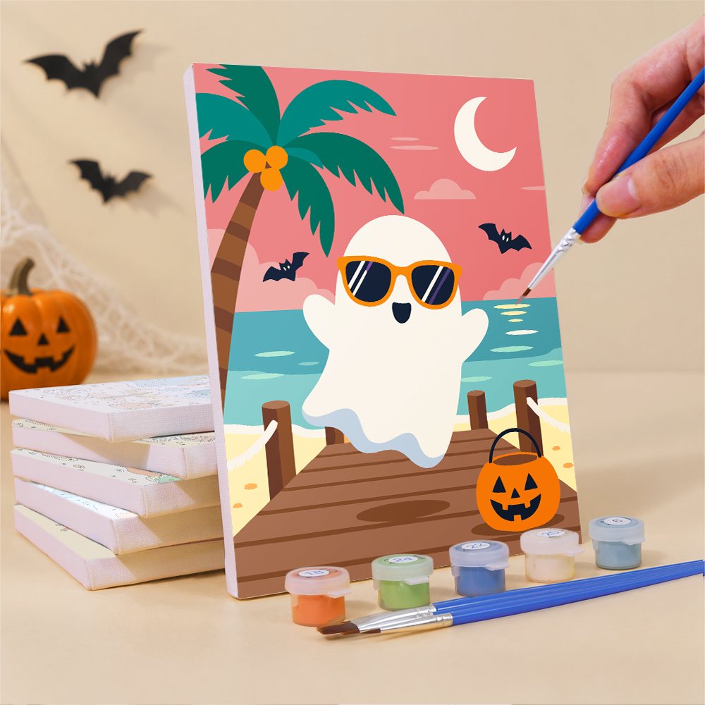 What's included pre-stretched on frame: six framed Spooky Summer Beach mini canvases, paints, three brushes, hangers and layout