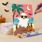 What's included pre-stretched on frame: six framed Spooky Summer Beach mini canvases, paints, three brushes, hangers and layout