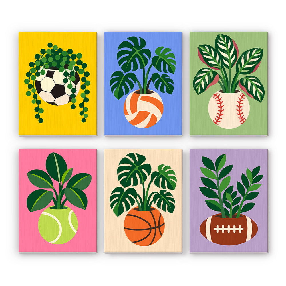 Sporty Planters mini paint by numbers set: six designs of houseplants growing in soccer, volleyball, baseball, tennis, basketball and football planters
