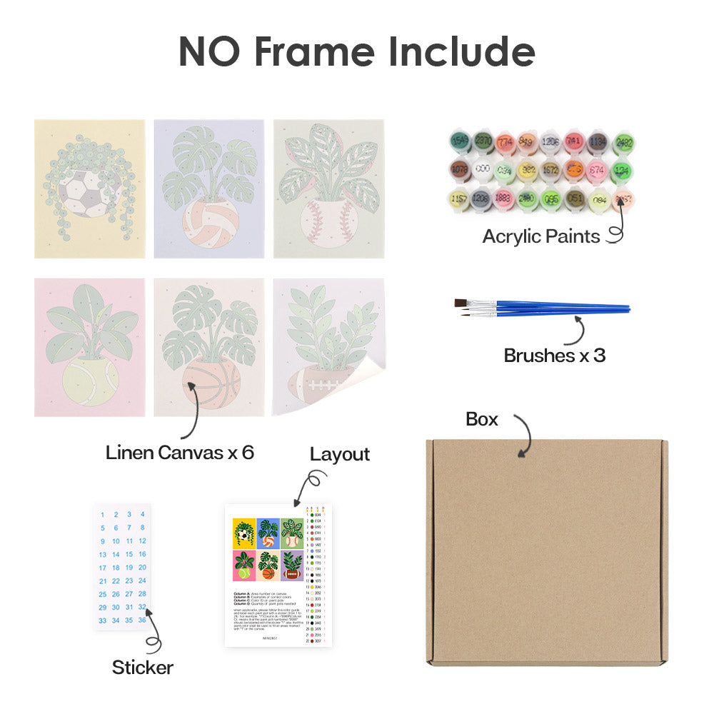 What's included without a frame: six rolled Sporty Planters mini canvases, acrylic paints, three brushes and layout
