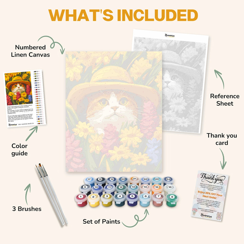 What's included in the Spring Cat paint by numbers kit: numbered linen canvas, reference sheet, color guide, 24 acrylic paints, 3 brushes and thank you card