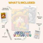 What's included in the Spring Cat paint by numbers kit: numbered linen canvas, reference sheet, color guide, 24 acrylic paints, 3 brushes and thank you card