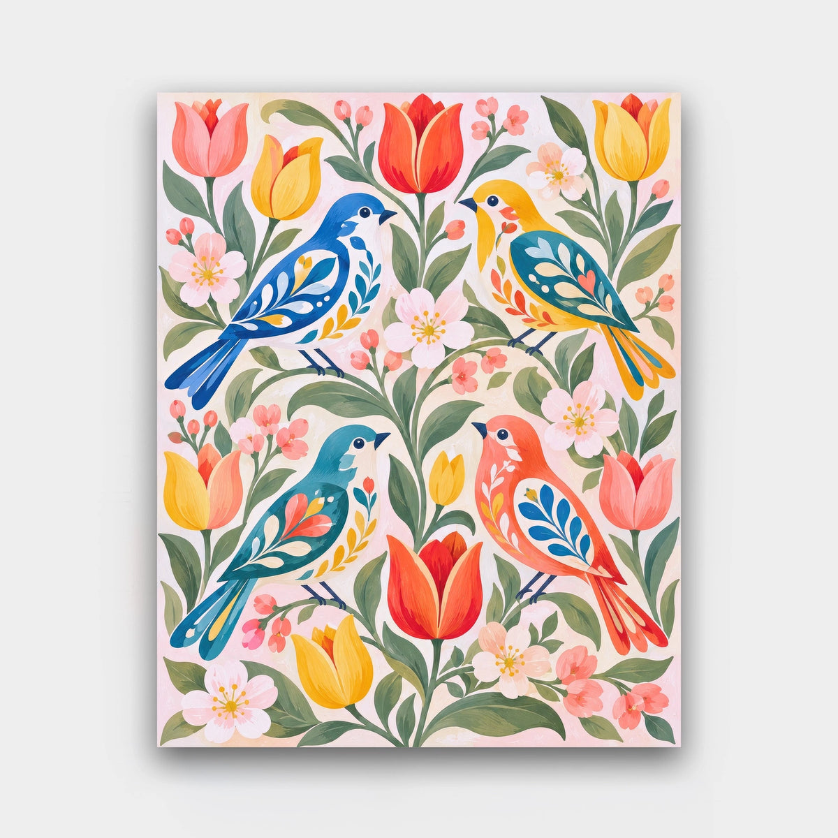 Spring Folk Birds paint by numbers kit of folk-art birds among tulips and blossoms on a pale pink background