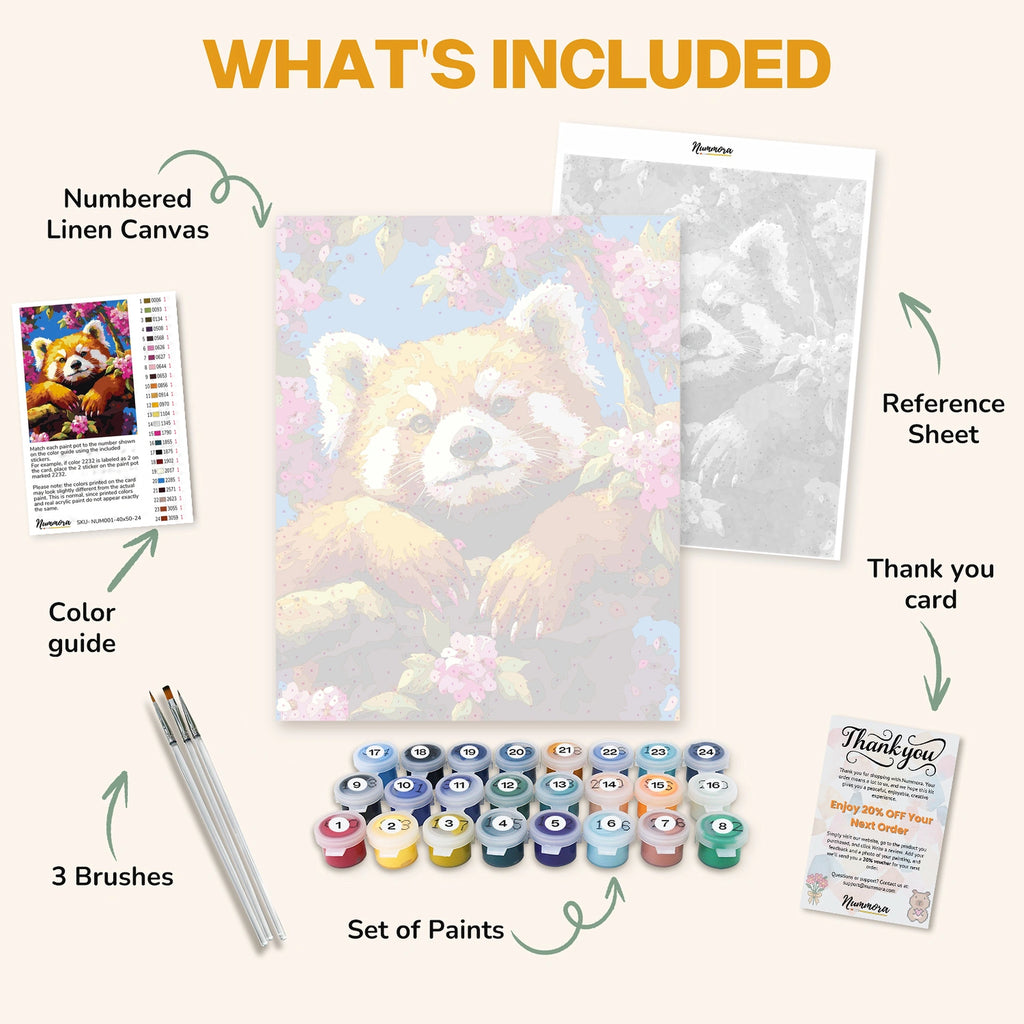 What's included in the Springtime paint by numbers kit: numbered linen canvas, reference sheet, color guide, 24 acrylic paints, 3 brushes and thank you card