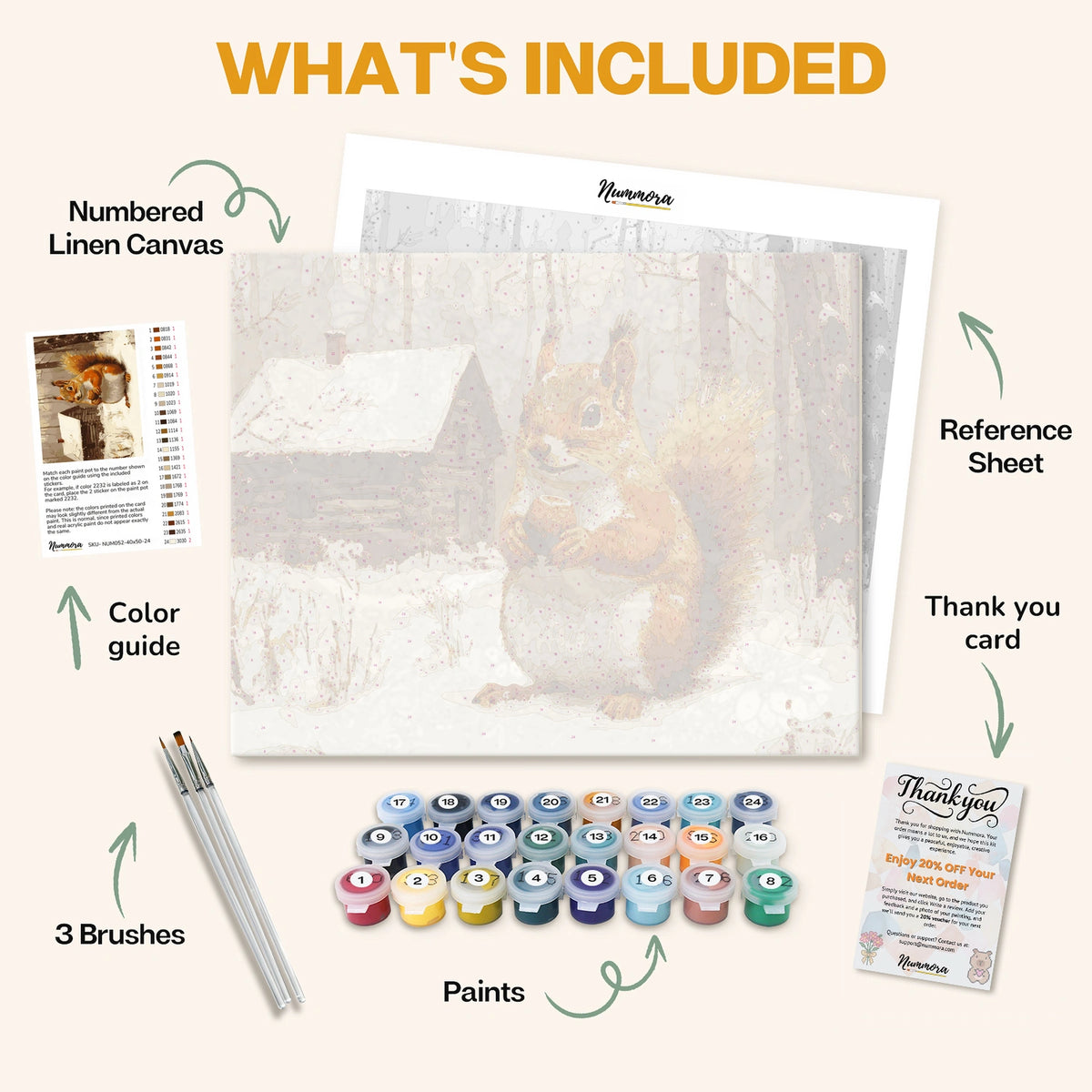 What's included in the Squirrel’s Winter Harvest paint by numbers kit: numbered linen canvas, reference sheet, color guide, 24 acrylic paints, 3 brushes and thank you card