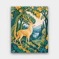 Stag in the Paper Forest paint by numbers kit of a golden stag in a forest of layered paper trees in greens and golds
