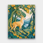 Stag in the Paper Forest paint by numbers kit of a golden stag in a forest of layered paper trees in greens and golds