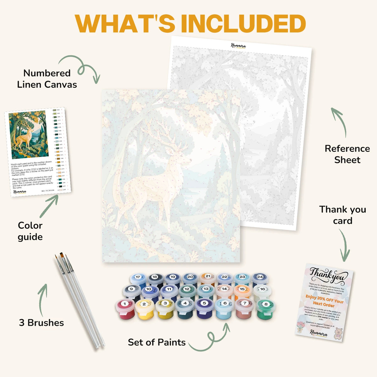 What's included in the Stag in the Paper Forest paint by numbers kit: numbered linen canvas, reference sheet, color guide, 24 acrylic paints, 3 brushes and thank you card