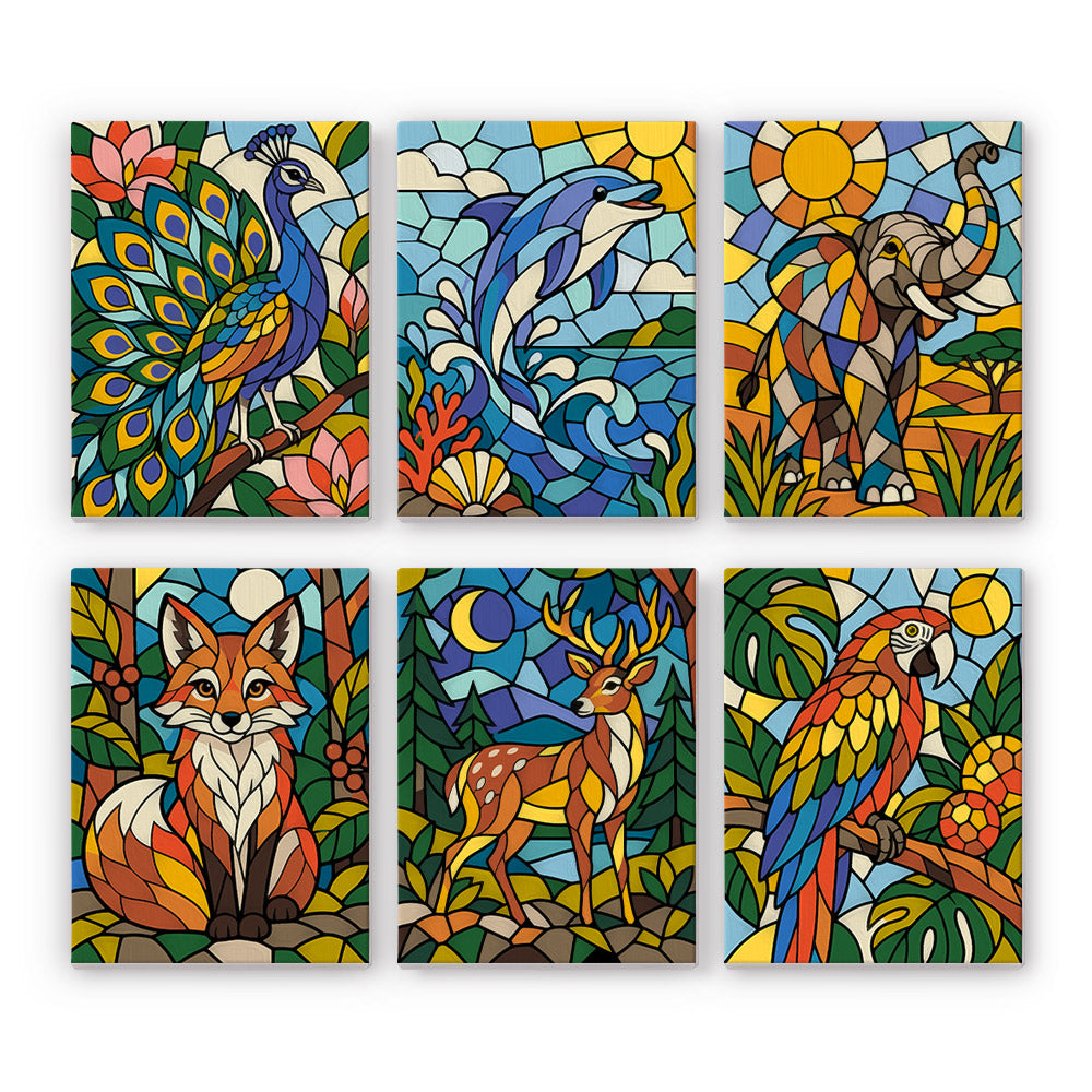 Stained Glass Wildlife mini paint by numbers set: six stained glass designs of a peacock, dolphin, elephant, fox, deer and parrot