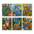 Stained Glass Wildlife mini paint by numbers set: six stained glass designs of a peacock, dolphin, elephant, fox, deer and parrot