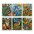 Stained Glass Wildlife mini paint by numbers set: six stained glass designs of a peacock, dolphin, elephant, fox, deer and parrot