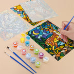 Filling in a Stained Glass Wildlife mini canvas with numbered acrylic paints and a fine brush