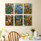 Stained Glass Wildlife mini paintings displayed as a gallery wall in a sunny kitchen