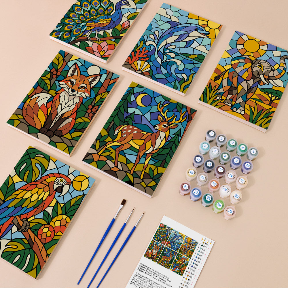 Stained Glass Wildlife mini paint by numbers kit with six numbered canvases, acrylic paints, brushes and layout