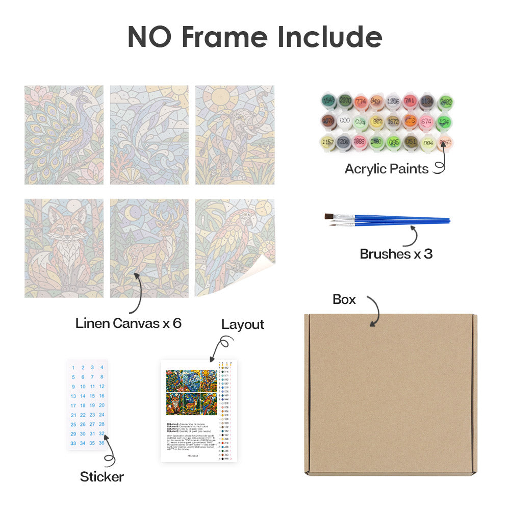 What's included without a frame: six rolled Stained Glass Wildlife mini canvases, acrylic paints, three brushes and layout