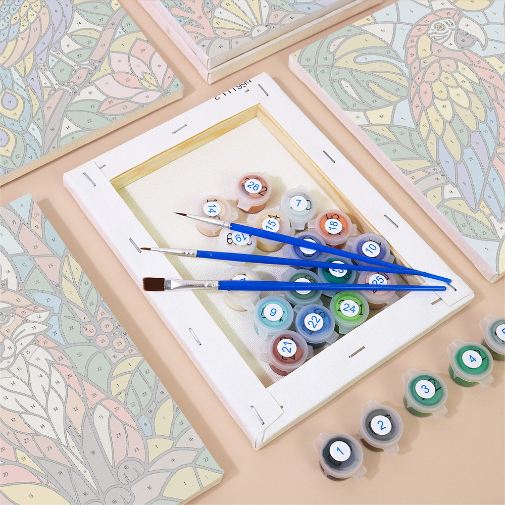 Numbered paint pots and brushes on a pre-stretched Stained Glass Wildlife mini canvas