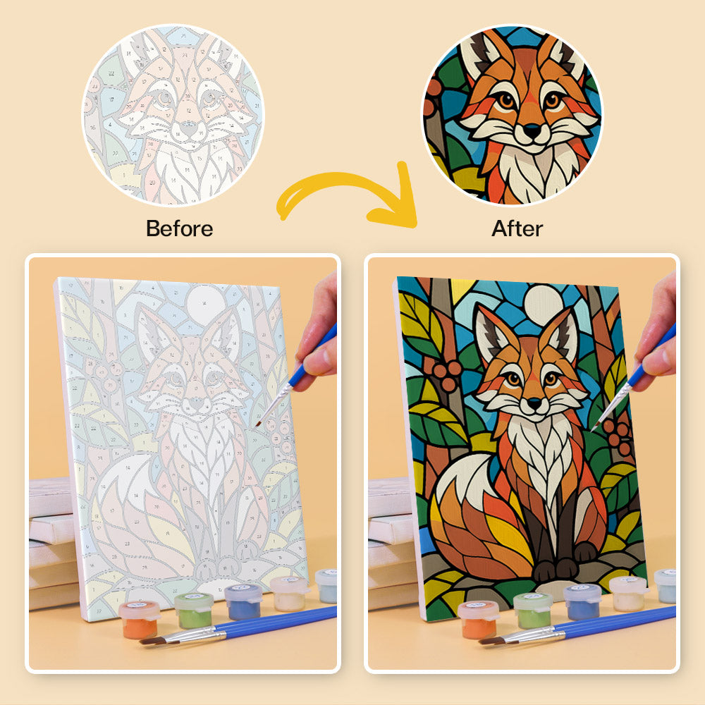 Before and after of a Stained Glass Wildlife mini paint by numbers canvas