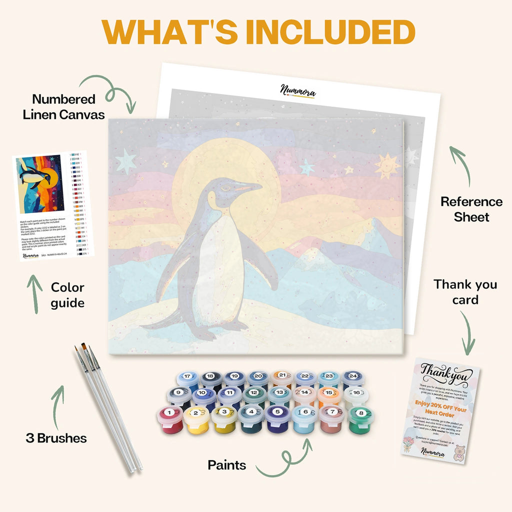 What's included in the Starlit Ice and Dreams paint by numbers kit: numbered linen canvas, reference sheet, color guide, 24 acrylic paints, 3 brushes and thank you card