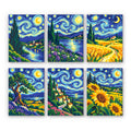 Starry Swirls mini paint by numbers set: six swirling starry-night landscapes with villages, lakes, wheat fields and sunflowers