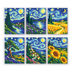 Starry Swirls mini paint by numbers set: six swirling starry-night landscapes with villages, lakes, wheat fields and sunflowers