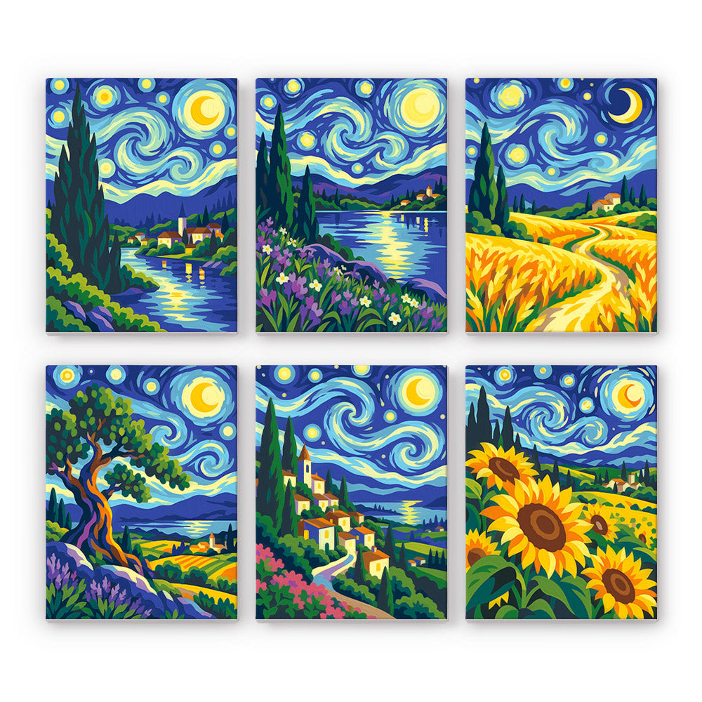 Starry Swirls mini paint by numbers set: six swirling starry-night landscapes with villages, lakes, wheat fields and sunflowers