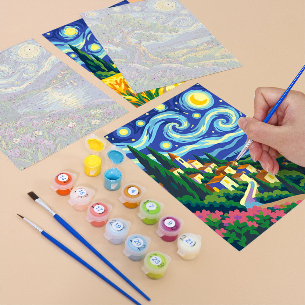 Filling in a Starry Swirls mini canvas with numbered acrylic paints and a fine brush