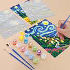 Filling in a Starry Swirls mini canvas with numbered acrylic paints and a fine brush
