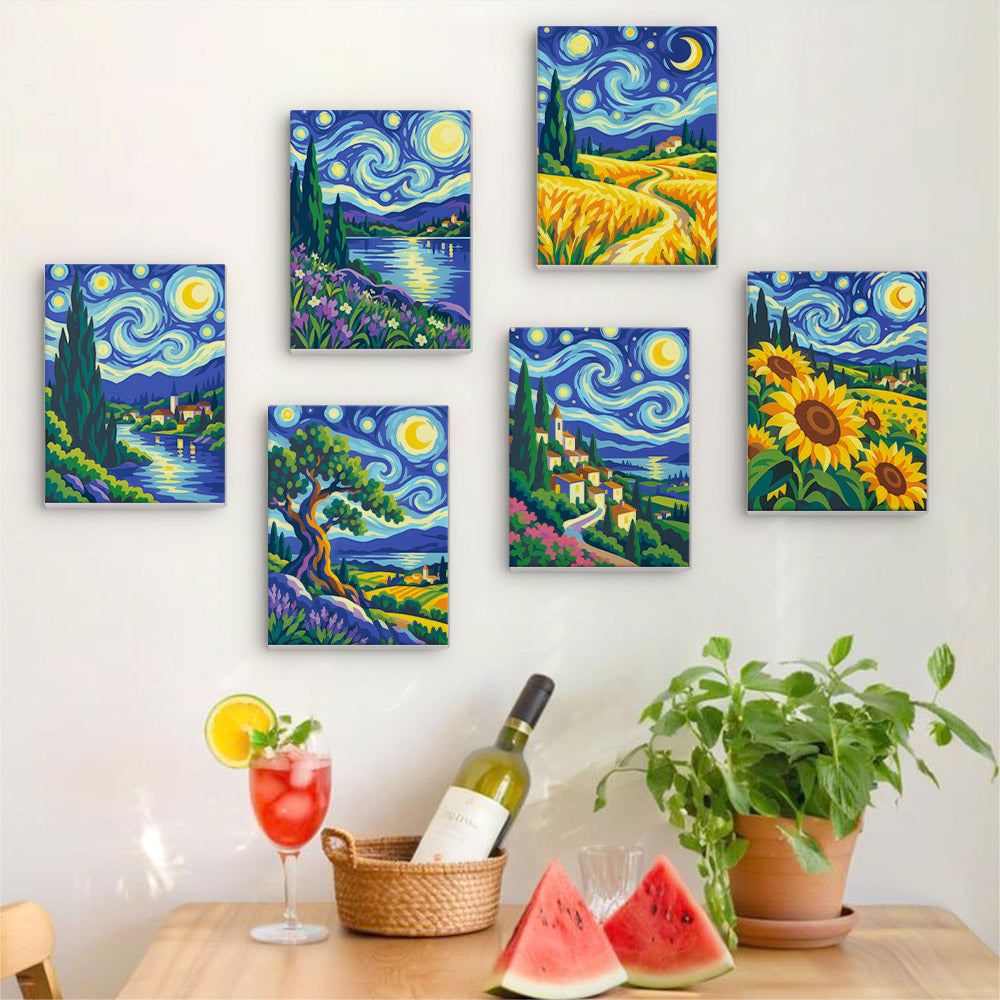 Six finished Starry Swirls mini paintings hung on a wall above a table