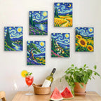 Six finished Starry Swirls mini paintings hung on a wall above a table