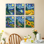 Starry Swirls mini paintings displayed as a gallery wall in a sunny kitchen