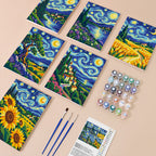 Starry Swirls mini paint by numbers kit with six numbered canvases, acrylic paints, brushes and layout