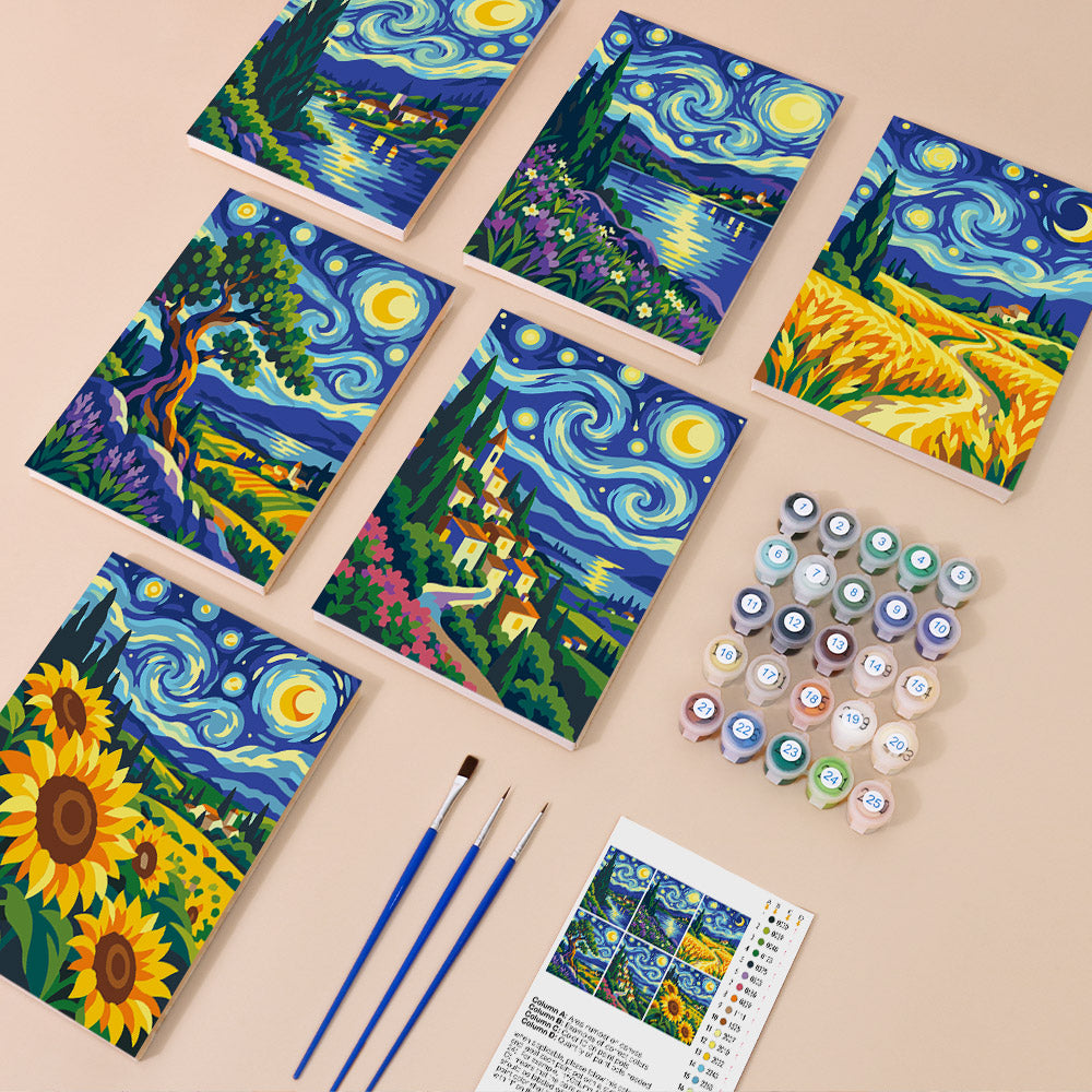 Starry Swirls mini paint by numbers kit with six numbered canvases, acrylic paints, brushes and layout