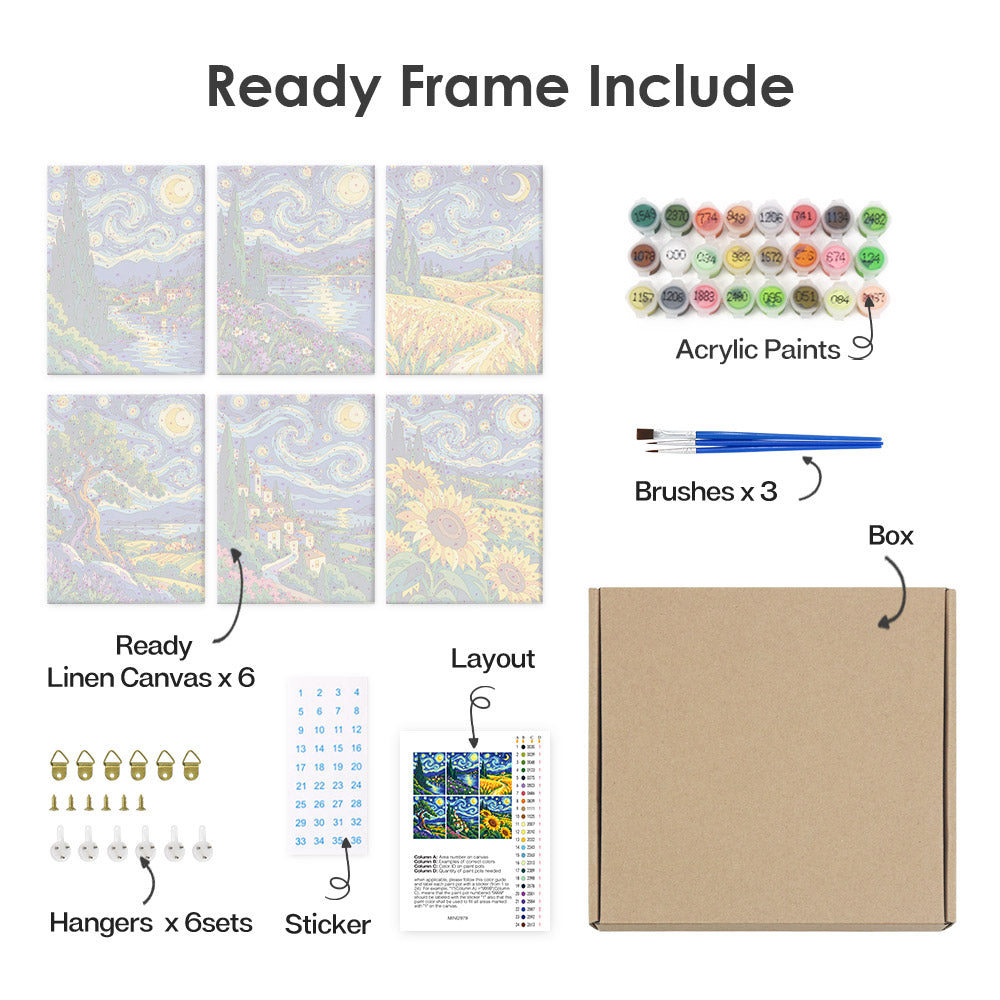 What's included pre-stretched on frame: six framed Starry Swirls mini canvases, paints, three brushes, hangers and layout