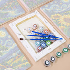 Numbered paint pots and brushes on a pre-stretched Starry Swirls mini canvas