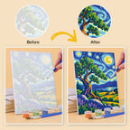 Before and after of a Starry Swirls mini paint by numbers canvas