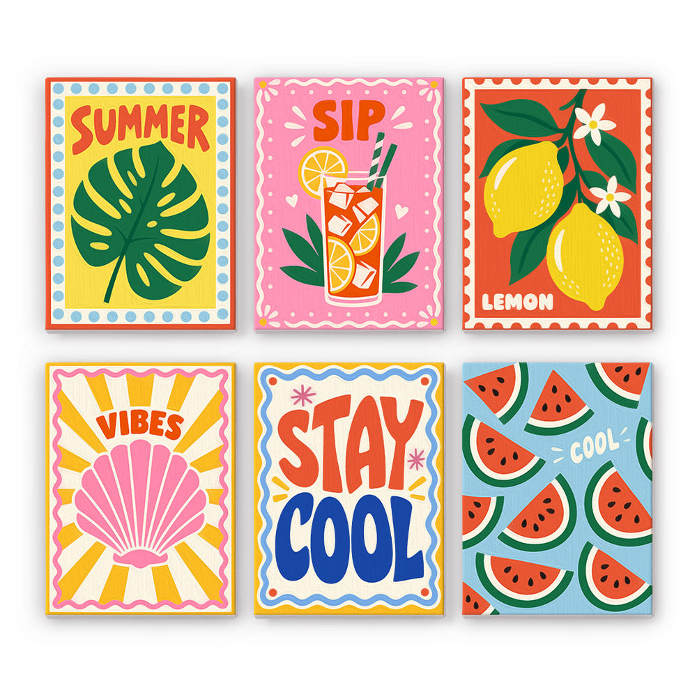 Stay Cool Summer mini paint by numbers set: six summer posters with a monstera leaf, cocktail, lemons, seashell and watermelon