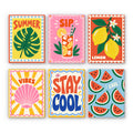 Stay Cool Summer mini paint by numbers set: six summer posters with a monstera leaf, cocktail, lemons, seashell and watermelon