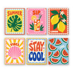 Stay Cool Summer mini paint by numbers set: six summer posters with a monstera leaf, cocktail, lemons, seashell and watermelon
