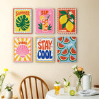 Stay Cool Summer mini paintings displayed as a gallery wall in a sunny kitchen
