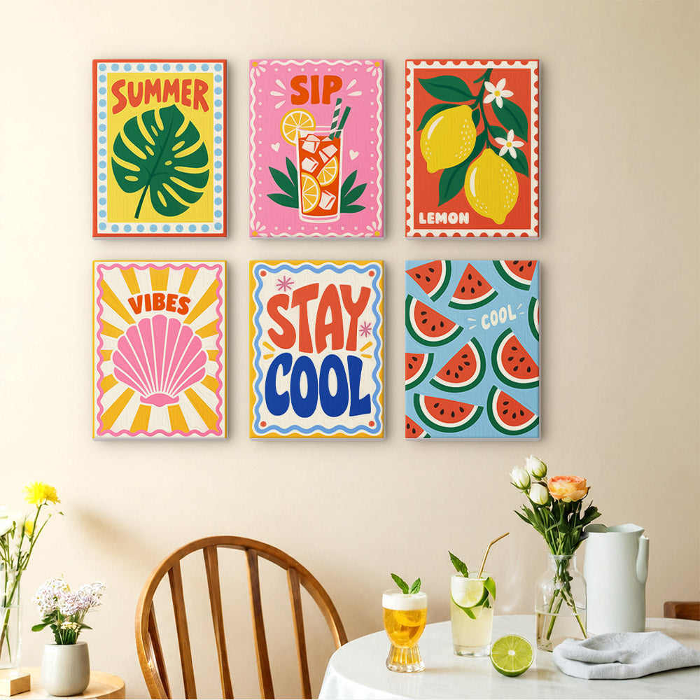 Stay Cool Summer mini paintings displayed as a gallery wall in a sunny kitchen